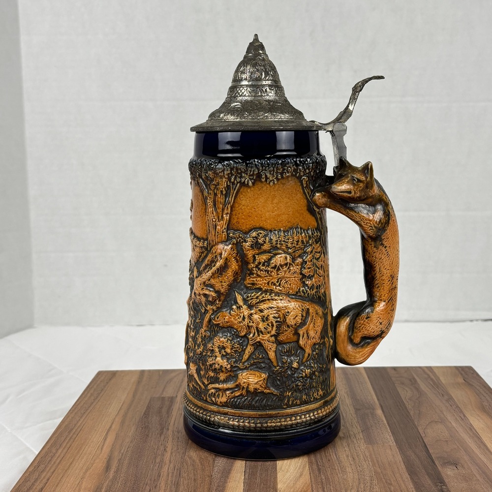 Gerz West Germany Fox Handle Beer Stein Hunting Scene Pewter Lid 32oz Vintage - Picture 2 of 16